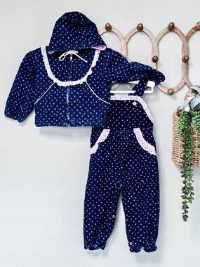 Vintage A Tiny Tots Original 2T Denim Rosebud Overall Set w/ Hooded Jacket